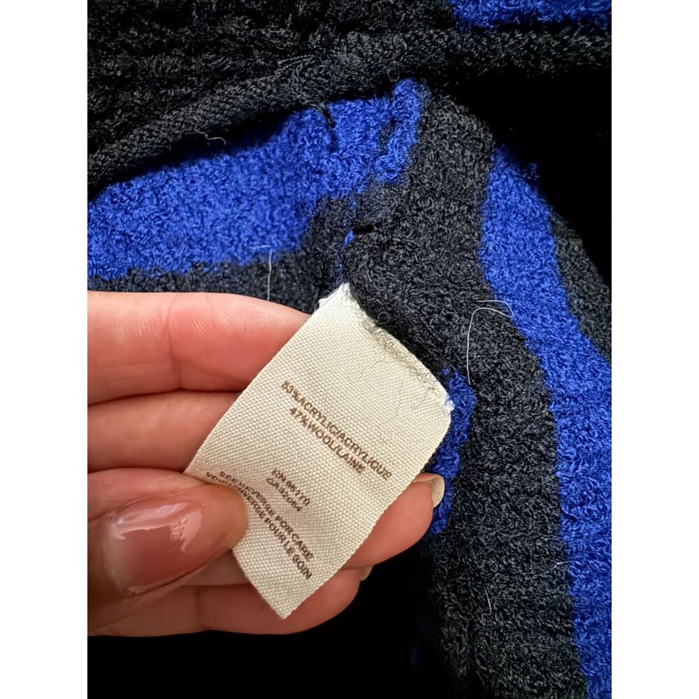 Free People Striped Oversized Poncho Sweater Blue Black Wool Blend Medium i2 - Picture 5 of 6